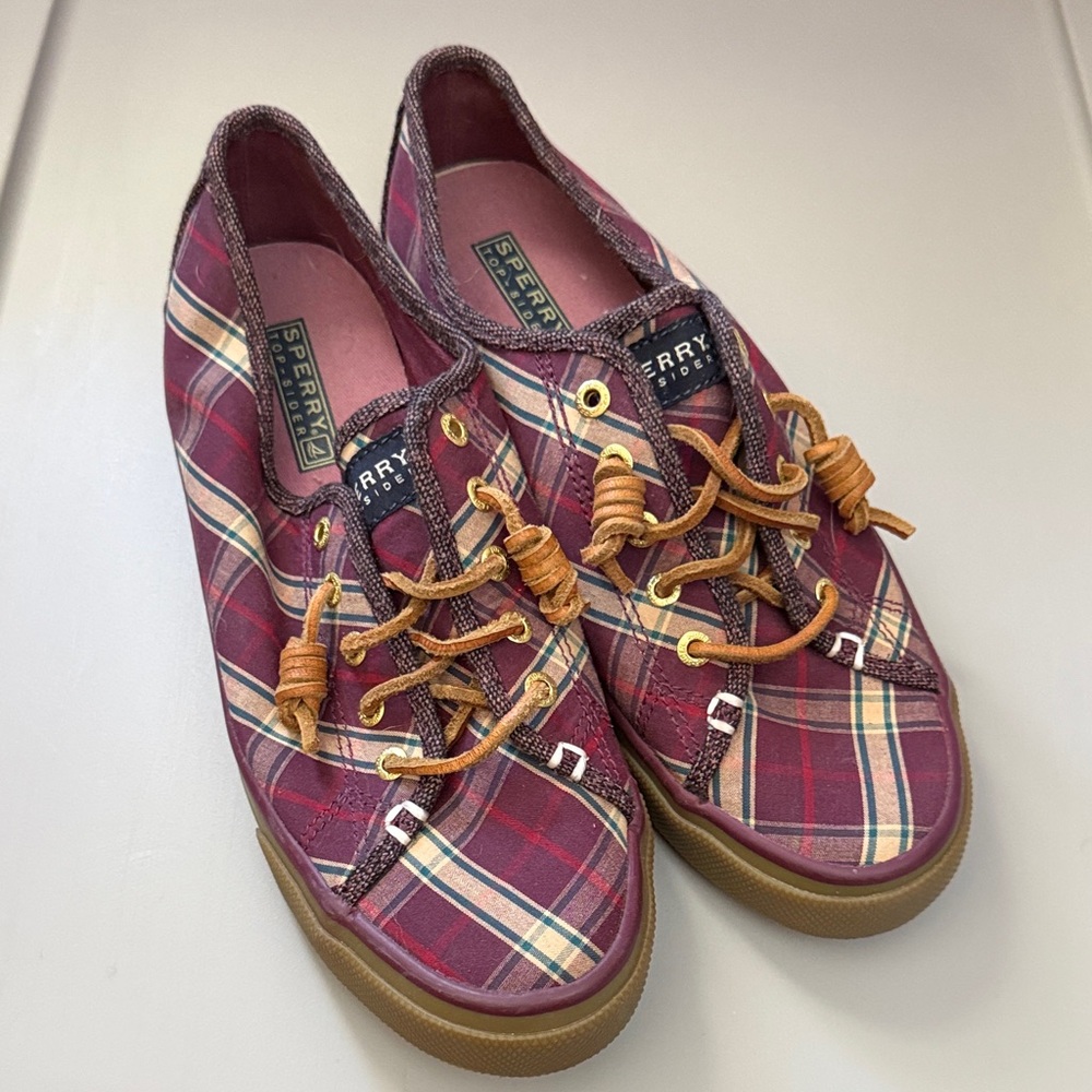 Sperry Red Plaid Sneakers with Brown Laces